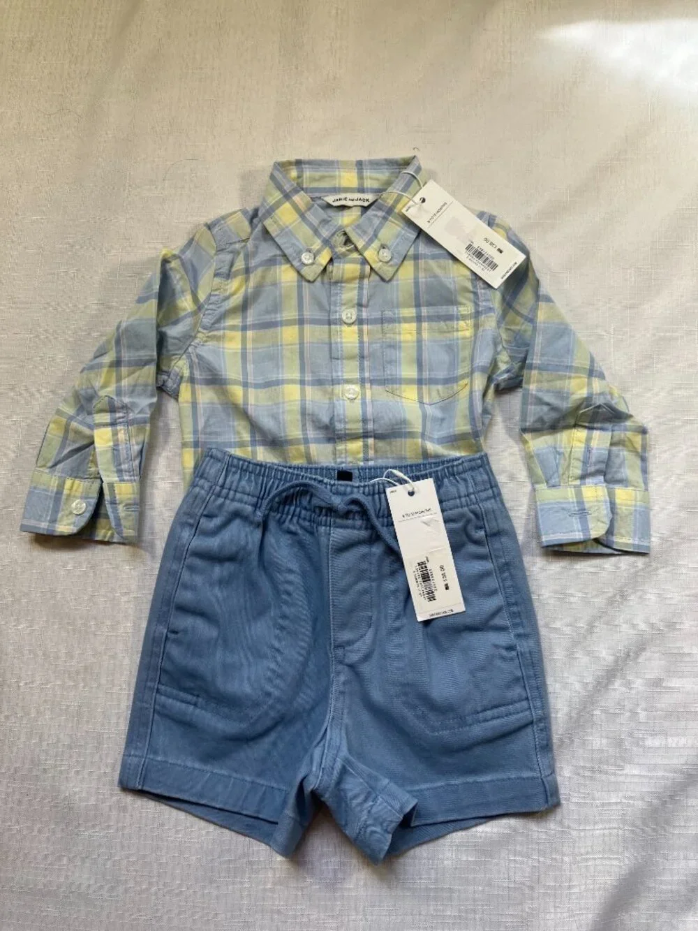 NWT Janie and Jack Set L/S Button Up Shirt & Shorts, Blue/yellow 6-12 mo.